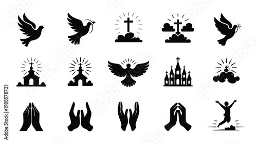 Black and white vector icons of praying hands doves crosses and church silhouettes symbolizing spirituality and faith