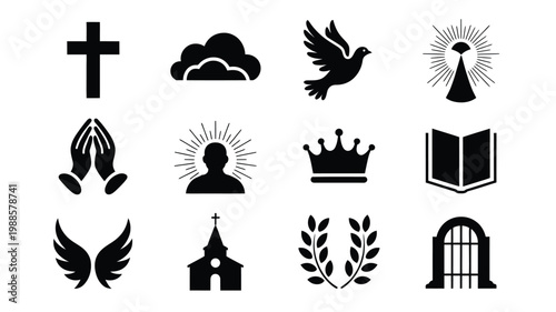 Minimalist religious symbols collection with cross dove church crown and more in clean black and white design