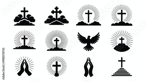 Twelve minimalist religious symbols featuring crosses praying hands and a dove set in a clean modern design style