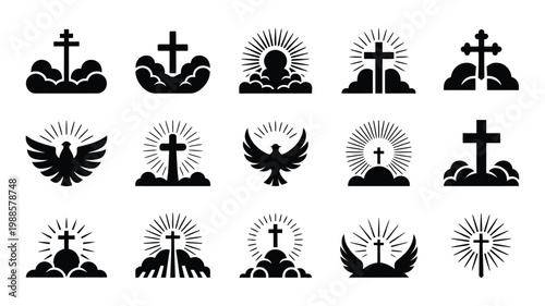 Monochrome religious symbols with crosses halos and dove icons in bold vector style for spiritual designs