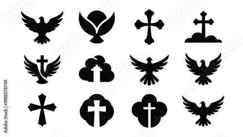 Collection of black vector icons featuring religious symbols including crosses doves and hearts isolated on white