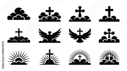 Black and white vector graphics featuring crosses angels and celestial light rays in a clean minimalist style