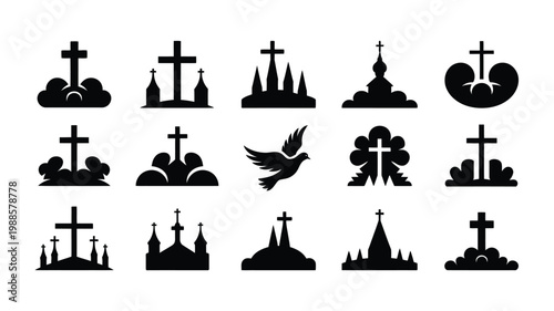 Black and white vector icons of crosses churches and religious symbols in minimalist design for spiritual and faith based projects