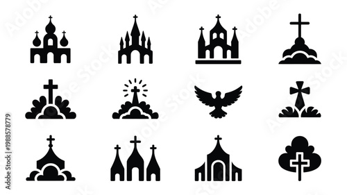 Collection of black and white vector icons depicting churches chapels crosses and religious symbols in minimalist style for design use