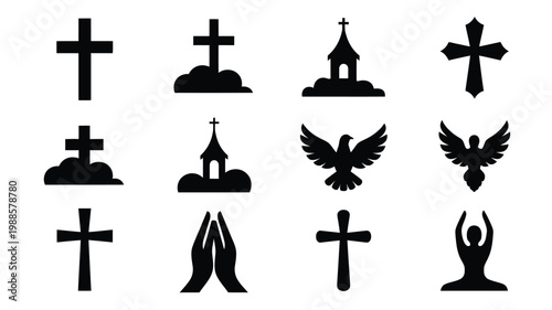 Minimalist black silhouettes of crosses churches and praying hands symbolize faith spirituality and religion in a clean modern design