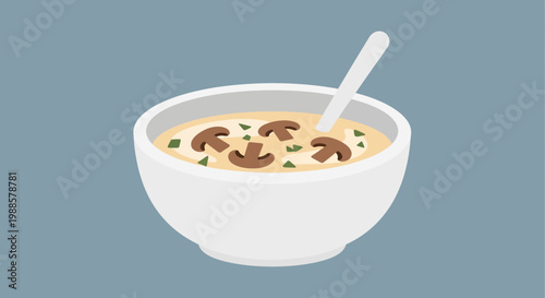 Creamy Mushroom Soup Bowl with Spoon, Delicious Homemade Food Illustration