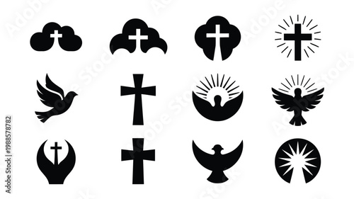 Collection of clean vector logos featuring crosses doves and abstract religious symbols in minimalist black and white design for branding and spiritual themes