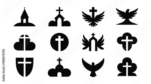Minimalist black and white religious symbols and logo silhouettes featuring crosses doves and shields for faith based design
