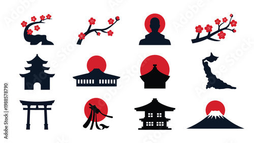 Japanese cultural icons collection including pagodas torii gates cherry blossoms and mount fuji silhouettes in bold red and black vector style