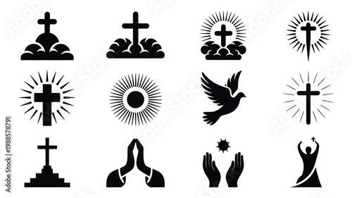 Black and white vector icons featuring crosses praying hands dove and symbols of faith for religious themes