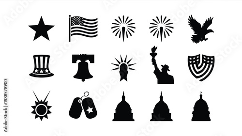 Clean vector illustration featuring american patriotic symbols in bold black and white design