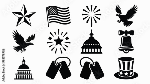 Patriotic symbols including stars eagle fireworks flag and capitol dome in bold vector style for national pride concepts
