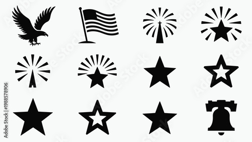 Bold minimalist symbols of stars eagle flag and liberty bell in black and white design