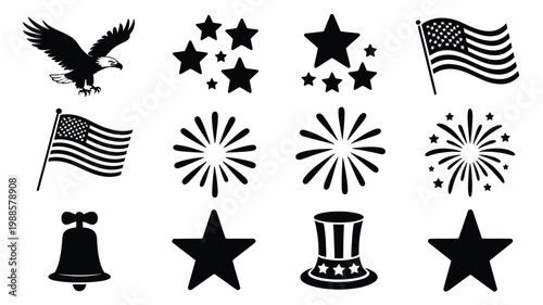 Patriotic symbols including eagle flag stars fireworks and liberty bell in clean vector style for celebratory designs
