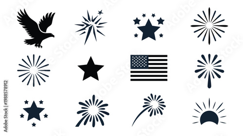 Black and white vector graphics featuring stars fireworks american flag eagle and sunburst symbols for patriotic designs