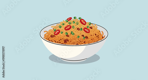 Delicious Bowl of Noodles with Chili and Green Onions, Asian Food Illustration
