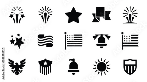 Monochromatic vector icons of patriotic symbols including fireworks stars flags and national emblems in a clean modern style