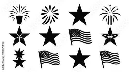 Black and white vector illustration featuring fireworks stars and waving american flags for patriotic themes