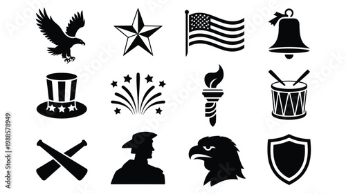 Black and white vector icons of patriotic symbols including eagle flag torch drum and shield for national pride themes