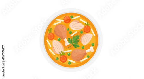 Delicious Chicken Soup Bowl Top View Flat Design
