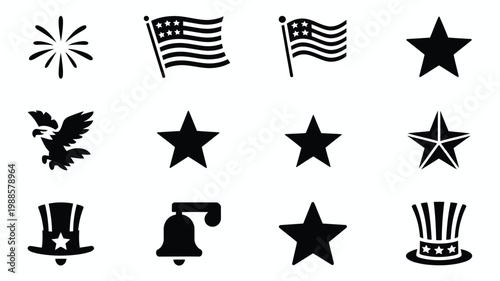 Minimalist star flag eagle and patriotic symbols arranged in modern vector art style for national pride designs