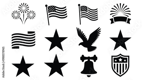 Clean vector illustration of patriotic symbols including flags stars eagle liberty bell shield and banner in monochrome design