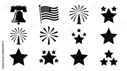 Black and white vector set featuring fireworks stars flag and bell icon for celebrations