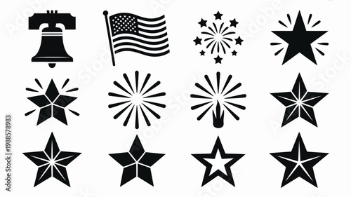 Black and white vector set featuring american flag liberty bell and starburst fireworks for patriotic celebrations