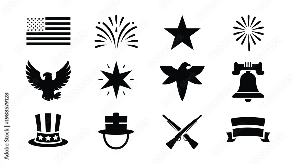 Fototapeta premium Black and white vector icons of patriotic symbols including stars fireworks eagle liberty bell and ribbon