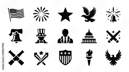 Clean vector icons showcasing patriotic symbols independence themes and national pride elements in monochromatic black and white