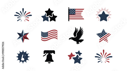 Patriotic symbols and icons collection with stars american flag fireworks and eagle for national holiday celebrations