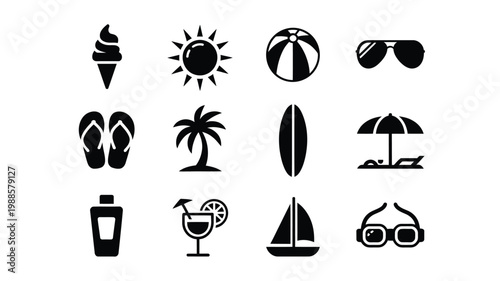 Summer themed icons featuring ice cream sun beach ball sunglasses flip flops palm tree surfboard umbrella sunscreen cocktail sailboat and sunglasses in a clean vector illustration