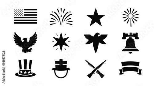 Black and white vector icons of patriotic symbols including stars fireworks eagle liberty bell and ribbon