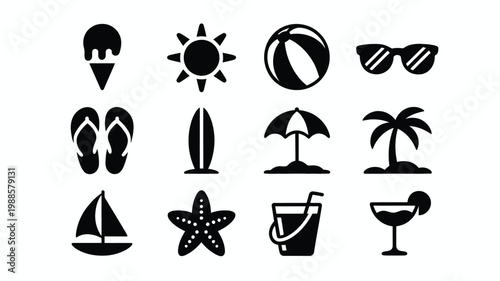 Summertime vector illustrations featuring beach icons vacation symbols and tropical elements in a black silhouette style