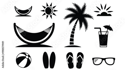 Black silhouettes of beach themed icons including sun palm tree hammock cocktail sunglasses flip flops and beach ball arranged in a clean minimalist vector style on a white