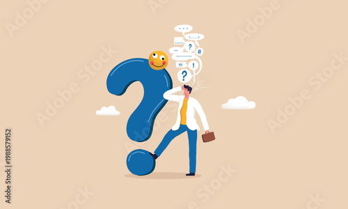 Confused businessman standing next to a giant question mark with thought bubbles