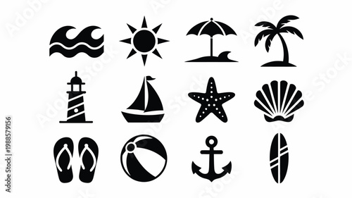 Black and white vector illustrations of summer themed icons including waves sun umbrella palm tree lighthouse sailboat starfish seashells flip flops beach ball anchor and surfboard