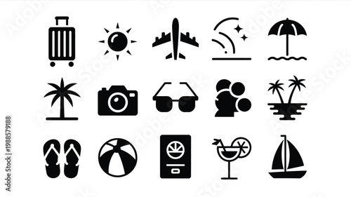 Black and white vector icons featuring travel essentials including a suitcase airplane passport beach ball flip flops and tropical symbols arranged in a clean minimalist layout