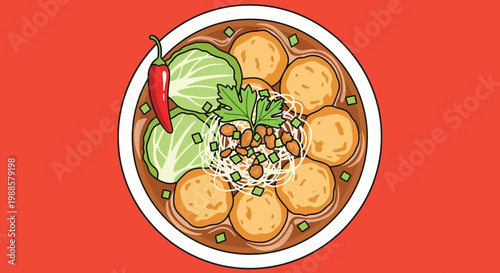 Delicious Indonesian Meatball Soup (Bakso) - Top View Illustration