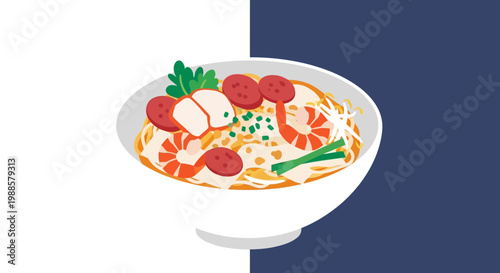 Delicious Noodle Soup Bowl with Shrimp and Sausage, Asian Cuisine Illustration