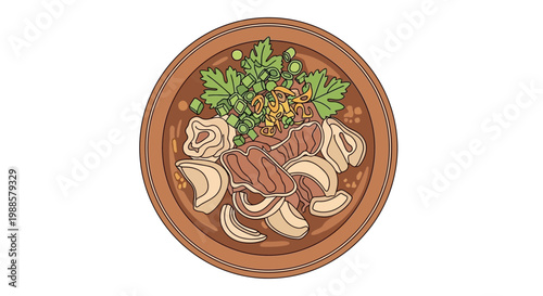 Delicious Noodle Soup Bowl Top View - Asian Cuisine Illustration