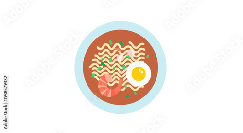 Delicious Noodle Soup with Shrimp, Egg, and Greens - Flat Design