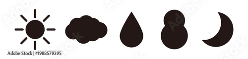 シンプルな天気アイコンセット 太陽 雲 水滴 雪だるま 月のベクターイラスト