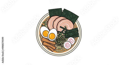 Delicious Ramen Bowl Illustration with Pork, Eggs, and Seaweed