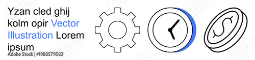 Business, time management, industry, financial planning, productivity, technology. Gear, clock and coin shapes displayed in a minimalist style. Business and time management concepts