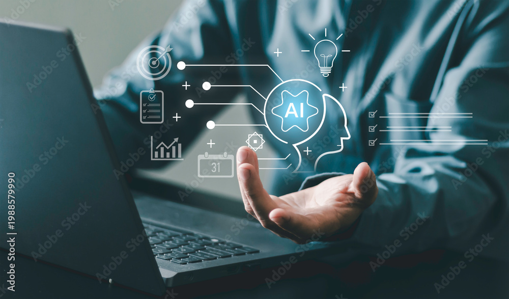 Fototapeta premium Artificial intelligence workflow concept, head, AI system integration icons. Business process automation, machine learning, task management, data analysis, smart decision making in digital environment