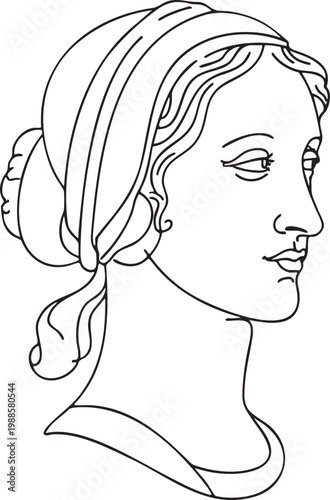 Classical woman profile portrait with headscarf line illustration