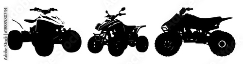 Quad bike set with black silhouette on white background featuring quad machine, offroad vehicle, two-wheeled transport with cycling and sport