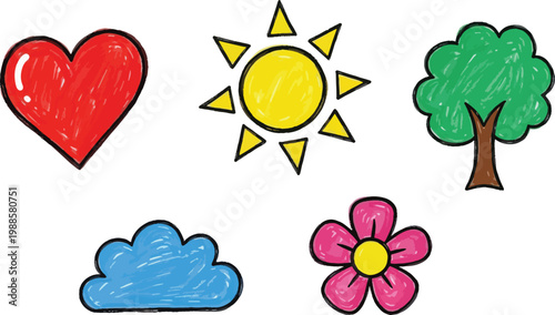 A child draws a colorful illustration on a white background. The drawing includes a red heart, a green tree, a yellow sun, a blue cloud, a pink flower, and a triangle.