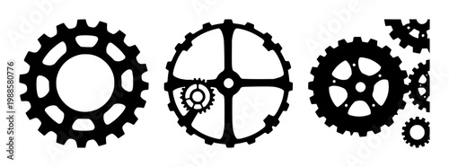 Gear wheels set with black silhouettes against a white background featuring mechanical components, gear design, engineering diagrams with industrial and machine detail